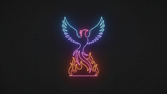 Vibrant neon phoenix rising from colorful flames at night, a symbol of rebirth and strength
