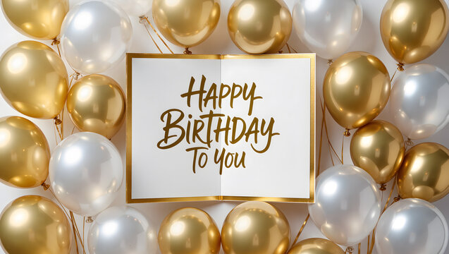 Elegant birthday card with "Happy Birthday To You" calligraphy surrounded by gold and silver balloons - Powered by Adobe