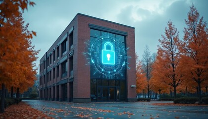 Modern brick office building features digital padlock overlay representing cybersecurity, data protection. Autumn trees with orange foliage surround structure, suggesting season. Network safety