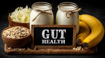 Text "GUT HEALTH" on a chalkboard, surrounded by kefir, sauerkraut, bananas and oats