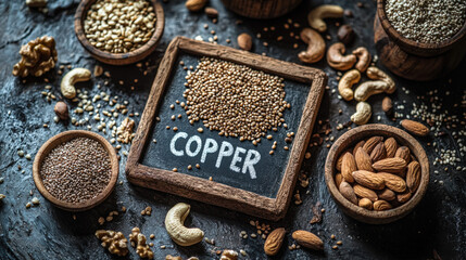 Text "COPPER" on a chalkboard, surrounded by liver, cashews and sesame seeds