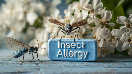Text "Insect Allergy" on a portable epinephrine injector case, allergy concept