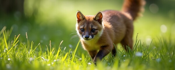 Fototapeta premium Young fox cub walks in green meadow with tall grass during sunny day. Small wild mammal with orange fur curiously looks forward. Fauna in natural habitat during daytime.