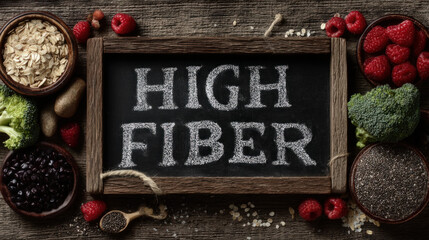 Text "HIGH FIBER" on a chalkboard, surrounded by beans, raspberries, broccoli and chia seeds