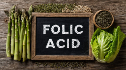 Text "FOLIC ACID" on a chalkboard, surrounded by lentils, asparagus spears and romaine lettuce