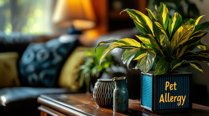 Text "Pet Allergy" on a blue filter of an air purifier box, allergy concept