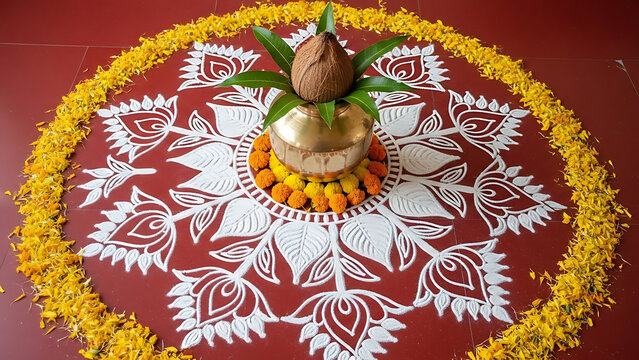 Traditional Bengali Alpona Art with Brass Ghot