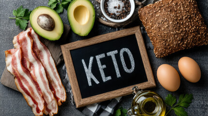 Text "KETO" on a chalkboard, surrounded by avocado, eggs, bacon and olive oil