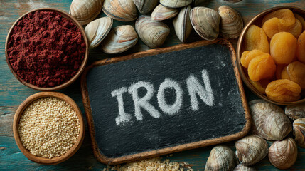 Text "IRON" on a chalkboard, surrounded by clams, quinoa and dried peaches