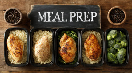 Text "MEAL PREP" on a chalkboard, surrounded by identical containers with chicken, rice and broccoli
