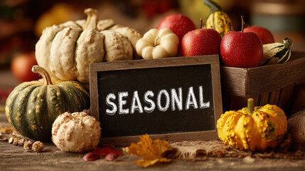 Text "SEASONAL" on a chalkboard, surrounded by pumpkins, apples and squash in autumn