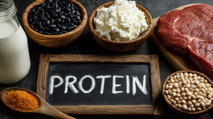 Text "PROTEIN" written with chalk on a blackboard, surrounded by Greek yogurt, lean steak and black beans