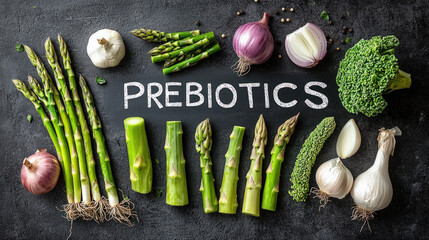 Text "PREBIOTICS" on a chalkboard, surrounded by garlic, onion and asparagus