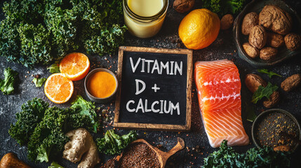 Text "VITAMIN D + CALCIUM" on a chalkboard, surrounded by salmon, fortified milk and kale
