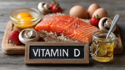 Text "VITAMIN D" on a chalkboard, with salmon, egg yolks and sun-exposed mushrooms around it