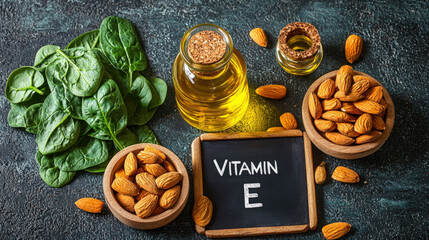 Text "VITAMIN E" on a chalkboard, surrounded by sunflower oil, almonds and spinach