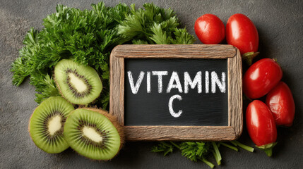 Text "VITAMIN C" on a chalkboard, surrounded by fresh kiwis, red bell pepper strips and parsley