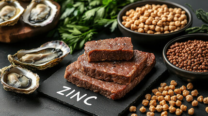 Text "ZINC" on a chalkboard, surrounded by oysters, beef and chickpeas
