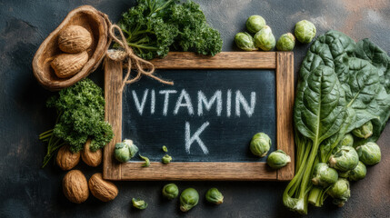 Text "VITAMIN K" written with chalk on a blackboard, surrounded by fresh parsley, spinach leaves and Brussels sprouts