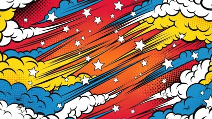 Dynamic Pop Art Comic Book Backdrop with Clouds and Stars for Retro Projects