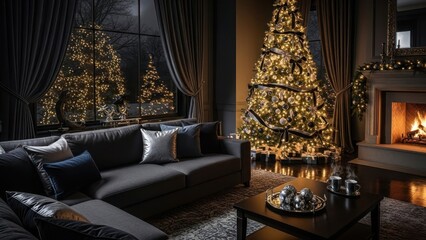 Elegant festive living room ambiance featuring Christmas trees and cozy fireplace warmth