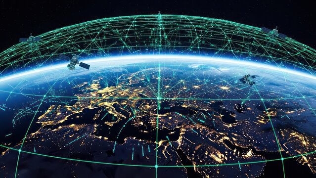 Earth's interconnected network of satellites and illuminated urban centers demonstrating global