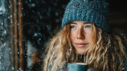 Winter woman drinking tea by a frosty window
