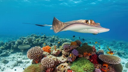 Graceful ray gliding over thriving coral reef with diverse marine life in azure waters