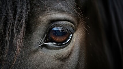 Intense equine gaze captivating detail in the reflective eye of a dark horse