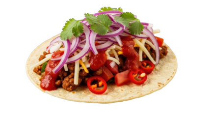 Savory Taco with Ground Beef Cheese Red Onion and Salsa on Black mexican food shredded cheese