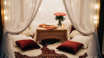 Cozy indoor picnic setup with candles and roses romantic evening