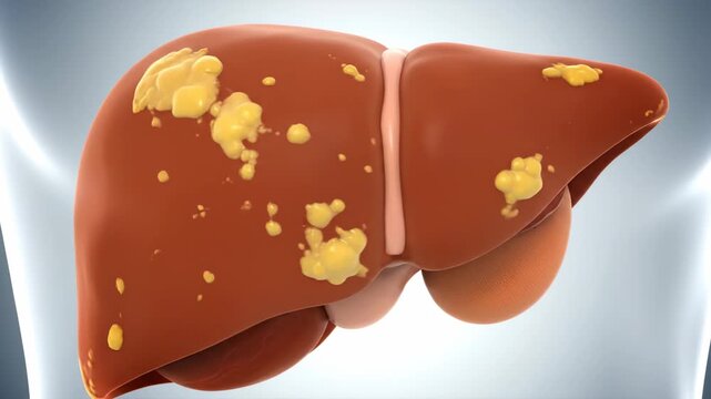 Anatomical illustration of a human liver affected by fatty liver disease, showing yellow lipid deposits on its surface.