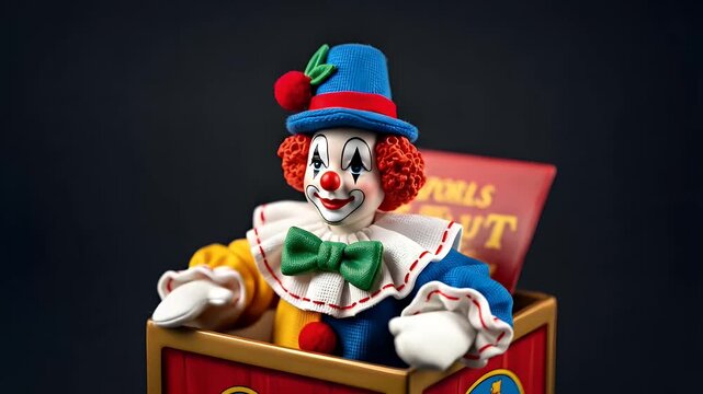 A colorful jack-in-the-box toy with a smiling clown figure wearing a blue hat and red curly hair popping out of a red and gold box.