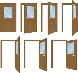 Set of brown wooden door icons with glass panel displaying open, half-open and closed positions. Clean flat vector style isolated on white background for interface design, navigation symbols and