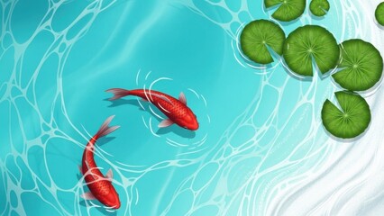 Two vibrant red koi fish swimming in serene pond with lily pads