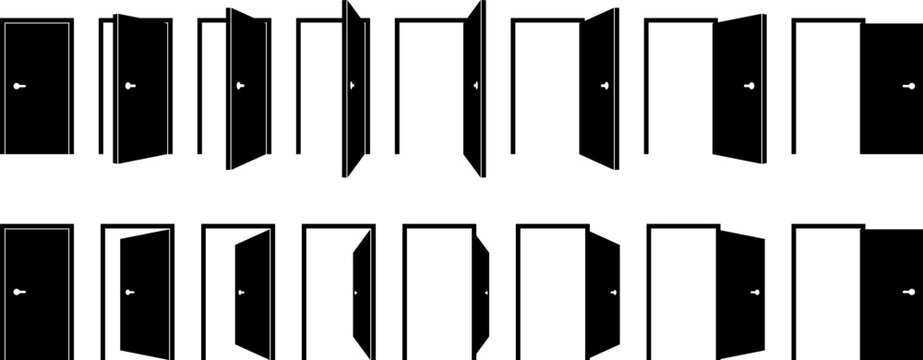 Set of black door silhouettes in different opening and closing positions isolated on white background. Symbol of choice, opportunity, transition, and access.