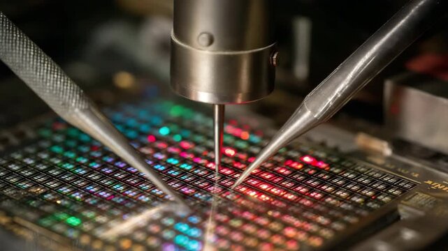 silicon wafer with needles for semiconductor testing on the probe station, looking at a microchip transistor sample