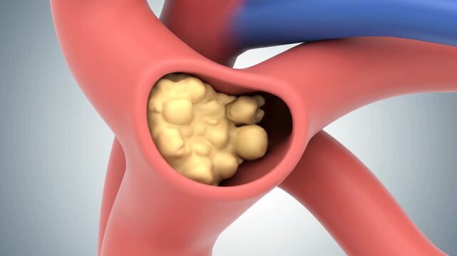 A close-up 3D rendering of a blocked artery or blood vessel with yellow plaque buildup inside, illustrating atherosclerosis or a similar vascular obstruction.