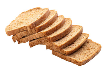 Freshly Sliced Whole Wheat Bread Arranged in an Overlapping Pattern on a Clean White Background, Showcasing its Wholesome Texture and Golden Brown Crust, Perfect for Breakfast or Sandwiches.