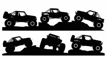 Offroad monster trucks silhouettes driving on rough terrain. © Ale