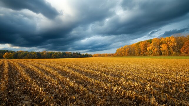 Autumnal field under a dramatic sky.  Dried corn stalks form neat rows across a golden landscape, bordered by fall foliage.  Dark clouds gather on the horizon