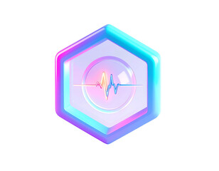Glossy, neon-hued hexagonal badge with audio waveform in center