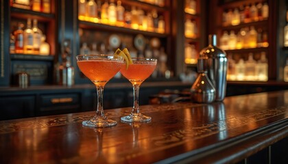 Two amber cocktails sit on polished bar counter. Bottles on shelves behind lit dimly. Bartender tools near glasses. Moody lighting creates elegant atmosphere. Classic speakeasy vibe.
