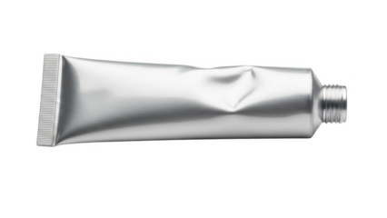 Silver metal squeeze tube with crimped end and threaded opening aluminum