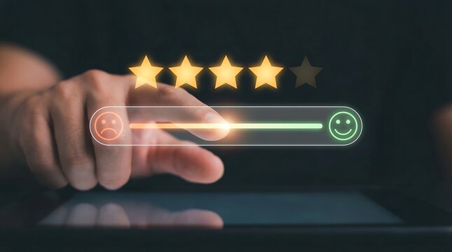 Customer Hand Sliding Feedback Scale with Four Gold Stars on Dark Background
