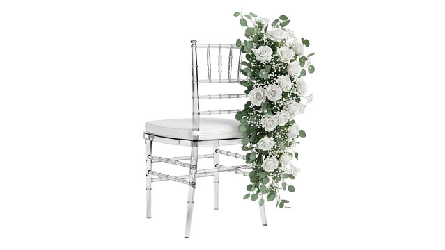 Clear Chiavari Chair with White Rose Garland and Eucalyptus