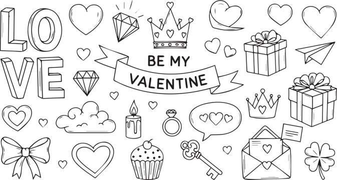 Doodle valentines day illustration of valentines day doodles set love, hearts, gifts, crown, candle, cupcake, key, letter, outline icons valentine