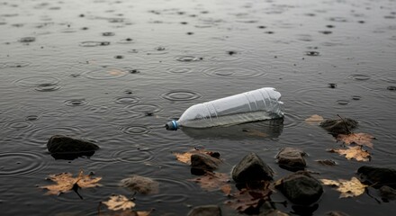 Plastic bottle floats in polluted water with rain falling, highlighting environmental damage from discarded waste.