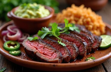 Sliced grilled arrachera steak on rustic plate with guacamole, Mexican rice, jalapenos, red onion, and lime wedge. Delicious beef dish, juicy cut, savory meal.