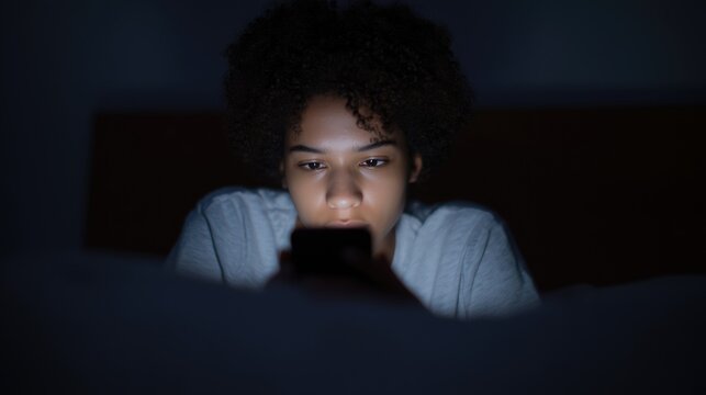 Curly light Brown zoomer in puberty period uses their gadget - smartphone - late at night in dark room. Gen Z addicted to social media
